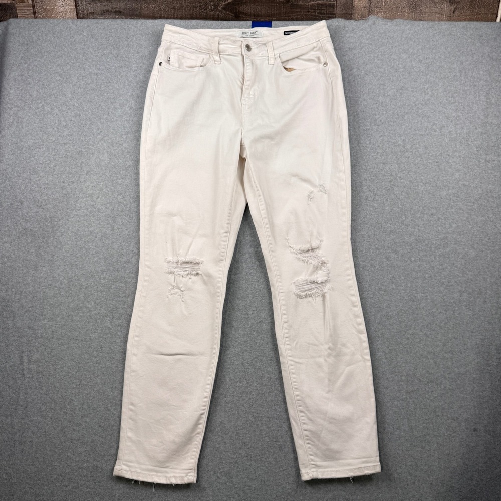 Judy Blue Jeans Womens 9/29 White Distressed Raw Hem Boyfriend Fit Stretch